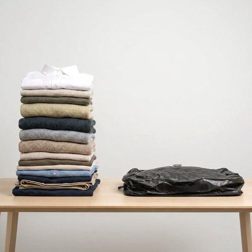 A stack of neatly folded clothing in various neutral colors sits on a light wood table next to a black vacuum packager bag against a plain off-white wall.